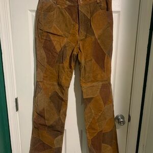 Newport News Women's Patchwork Suede Leather Pants - Brown and Tan